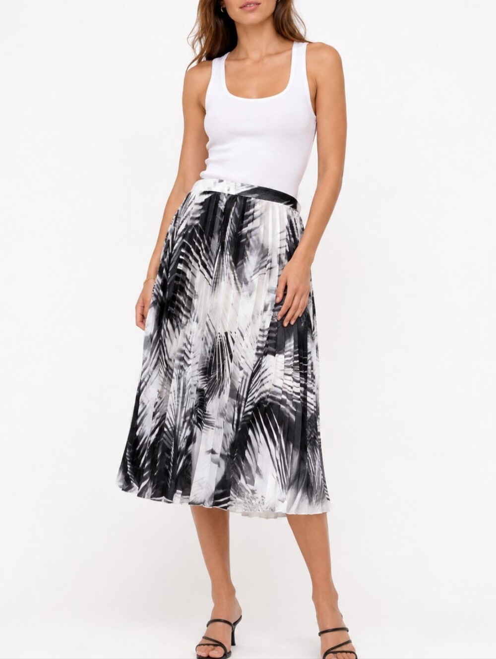 Worthington Pleated Skirt 10 Black White Leaf 10